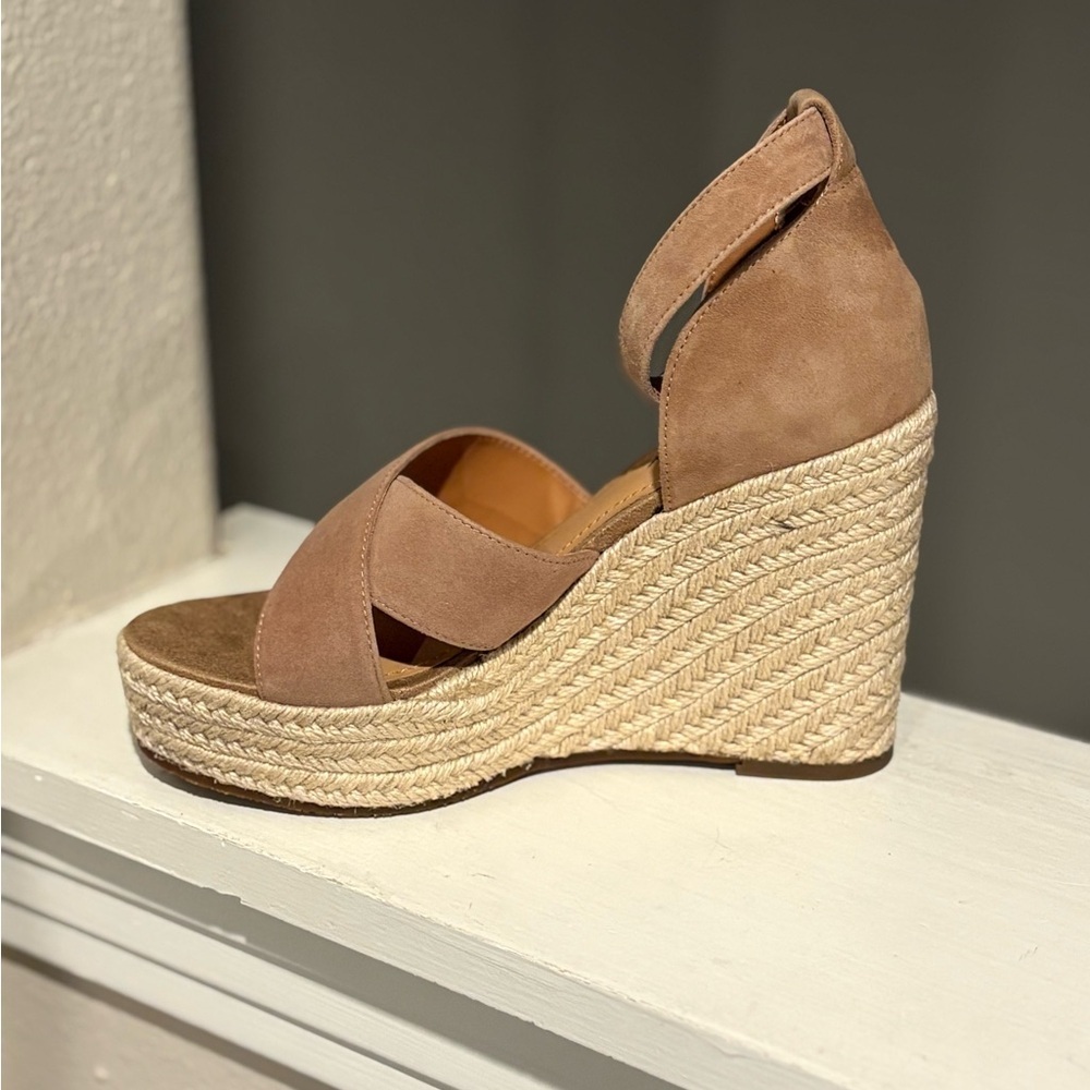 Lisa Vicky Gemi Platform Wedge Sandal Kid Suede Leather Cognac Women's 6 NWB - Picture 2 of 9
